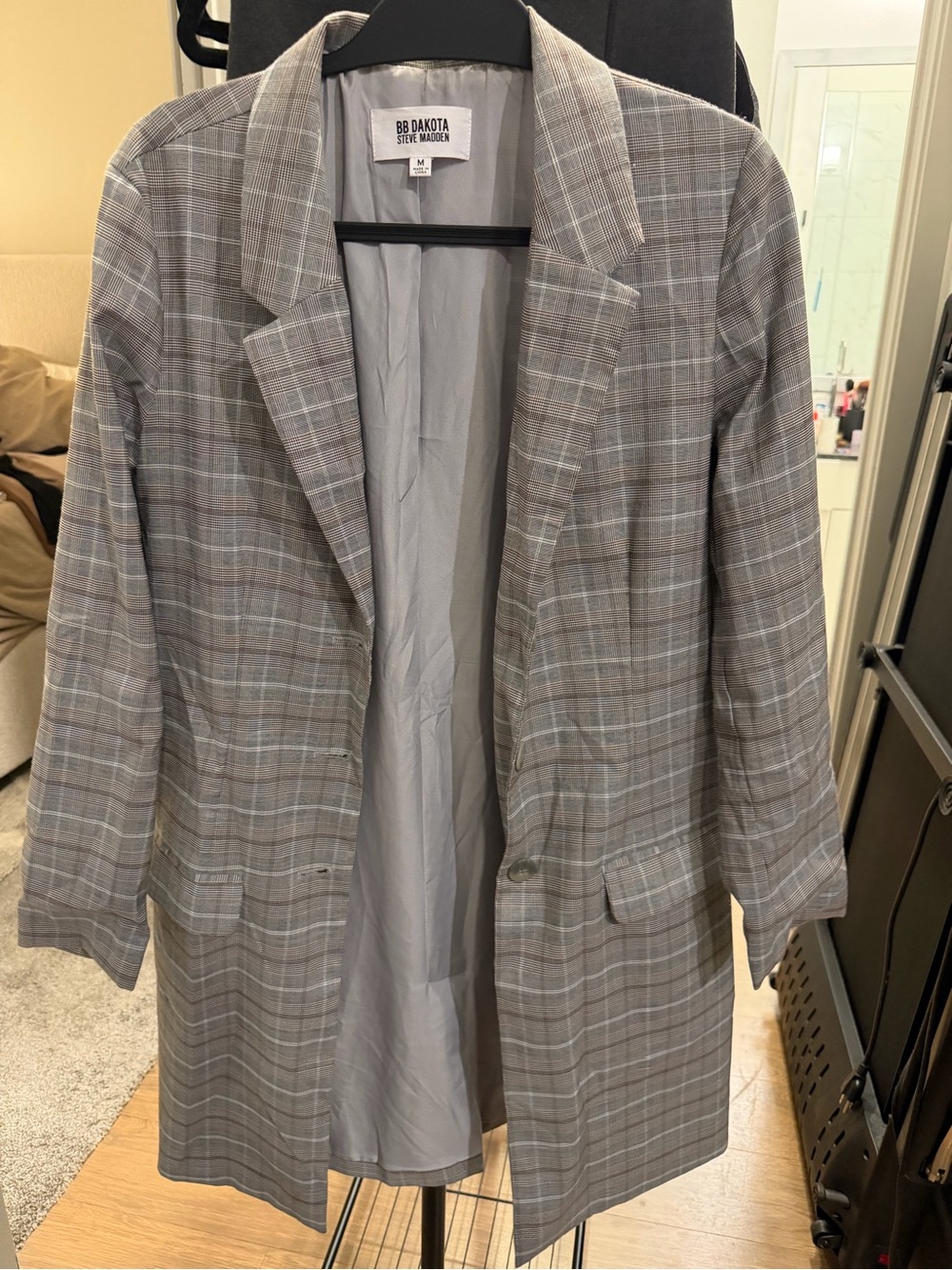 BB Dakota by Steve Madden Gray Plaid Longline Blazer